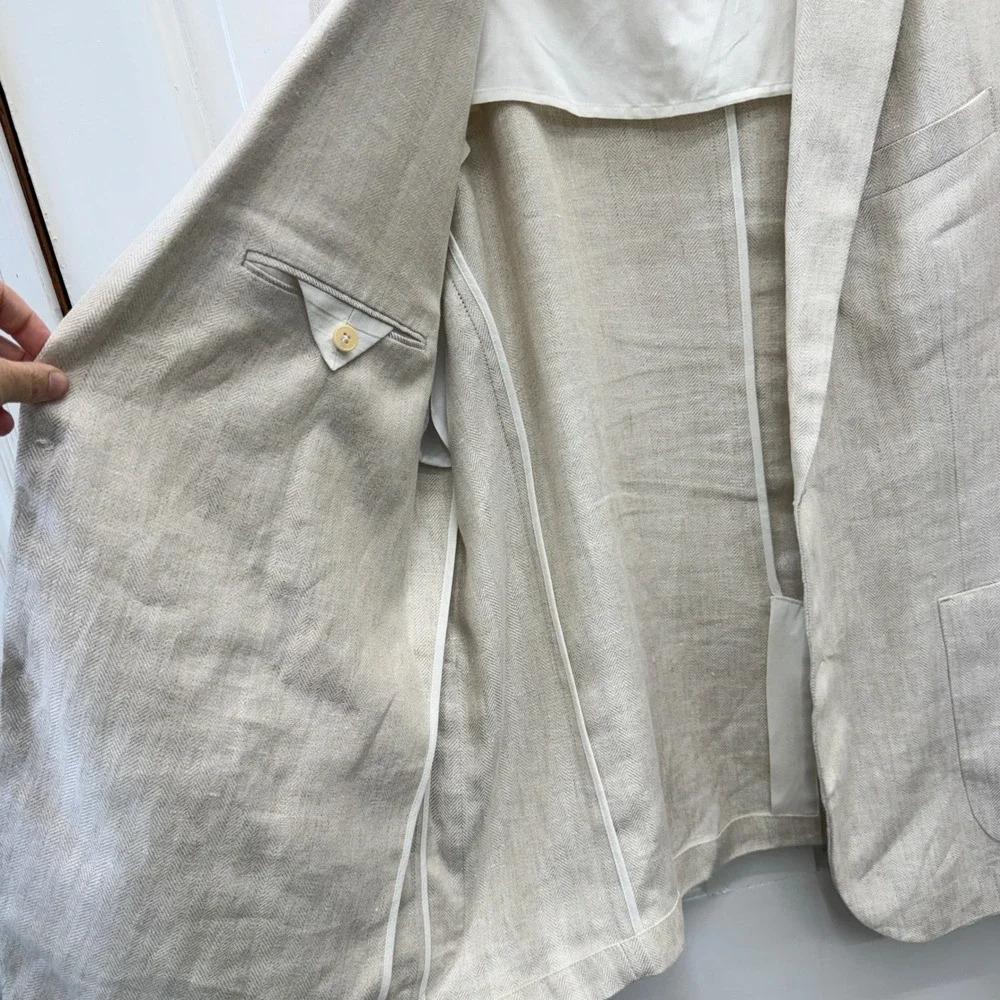 Banana Republic 46R Tailored Slim Fit 100% Linen Herringbone Blazer Cream Jacket